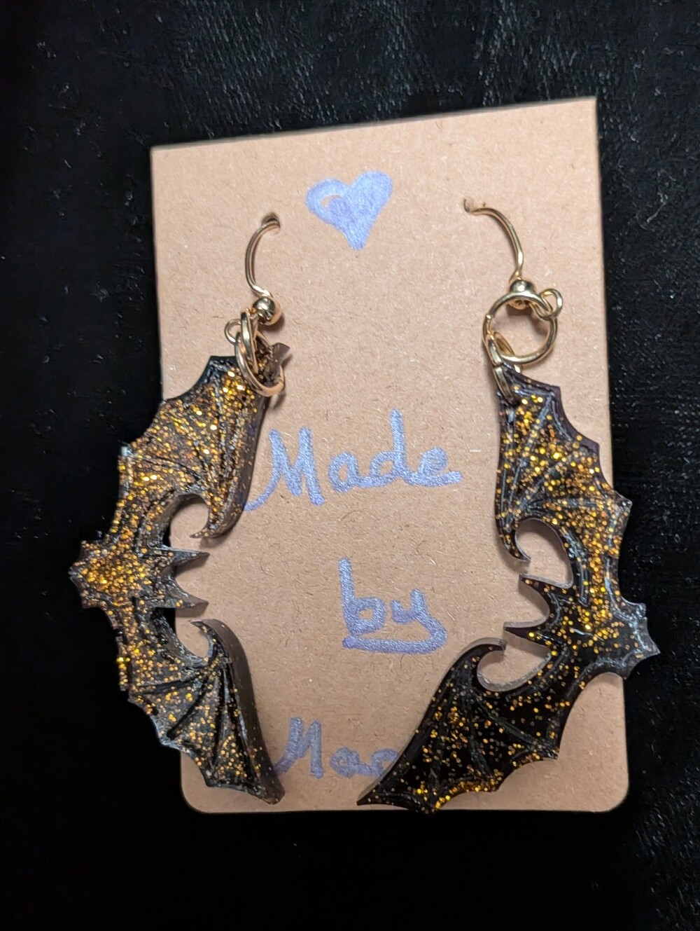 Handcast Resin Bat Earrings Black & Gold Glitter Gothic Halloween Statement